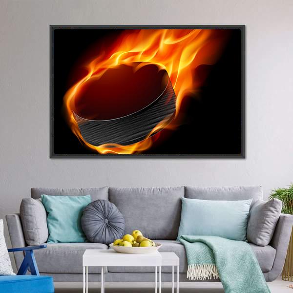 Burning Hockey Puck Canvas Wall Art-1 Piece-Floating Frame-24" x 16"-Tiaracle
