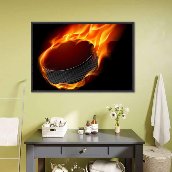 Burning Hockey Puck Canvas Wall Art-5 Horizontal-Gallery Wrap-22" x 12"-Tiaracle