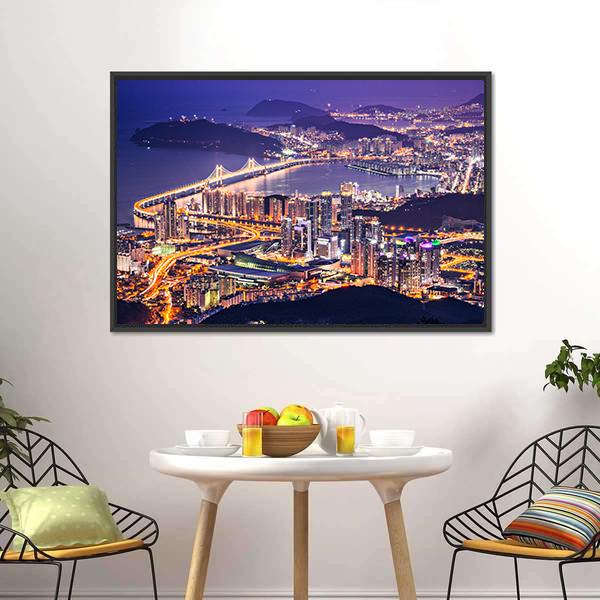 Busan City At Night Canvas Wall Art-3 Horizontal-Gallery Wrap-25" x 16"-Tiaracle