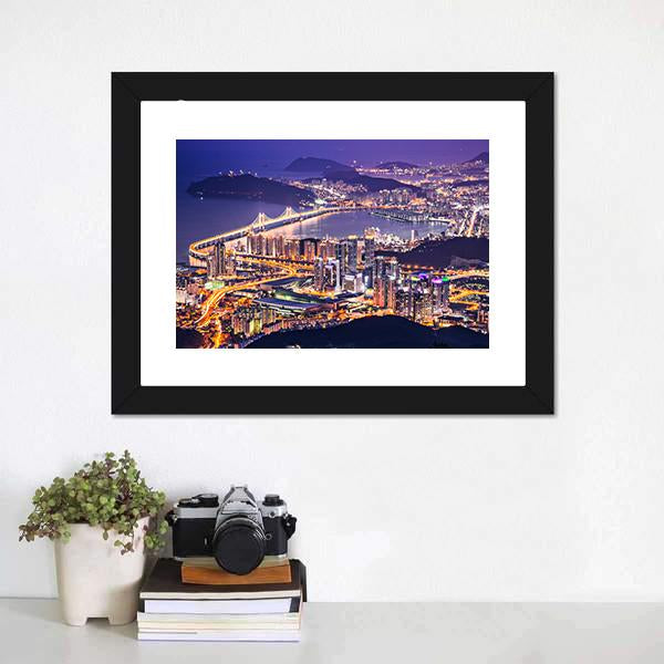 Busan City At Night Canvas Wall Art-1 Piece-Framed Print-20" x 16"-Tiaracle
