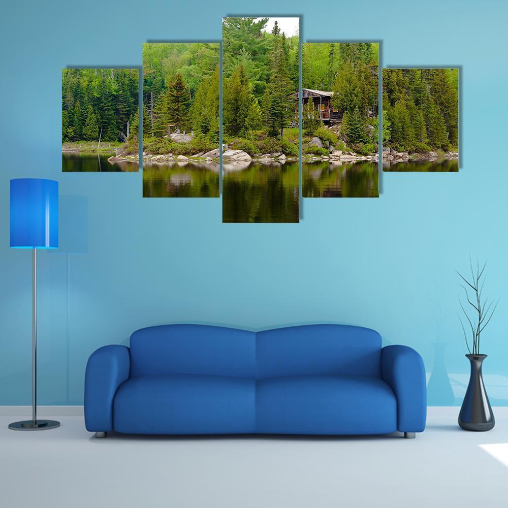 Cabin Hut With Lake Canvas Wall Art-5 Star-Gallery Wrap-62" x 32"-Tiaracle