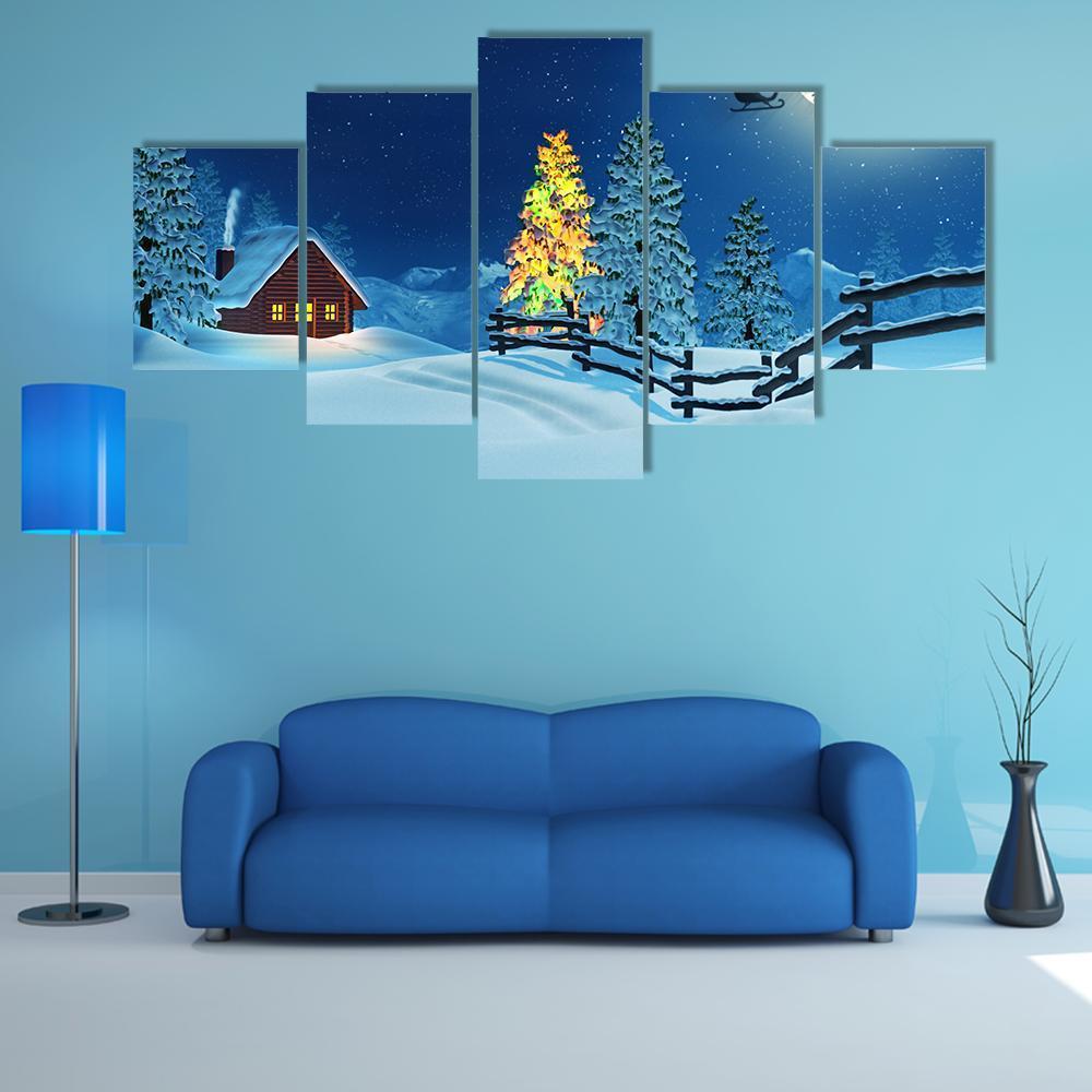 Cabin In A Moonlit Snowy Christmas Landscape At Night Canvas Wall Art-5 Star-Gallery Wrap-62" x 32"-Tiaracle