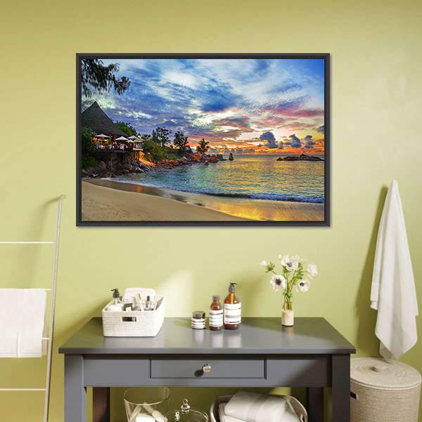Cafe On Tropical Beach Canvas Wall Art-3 Horizontal-Gallery Wrap-25" x 16"-Tiaracle