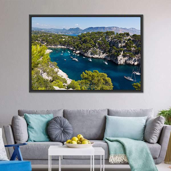 Calanques Of Port Pin France Canvas Wall Art-1 Piece-Floating Frame-24" x 16"-Tiaracle