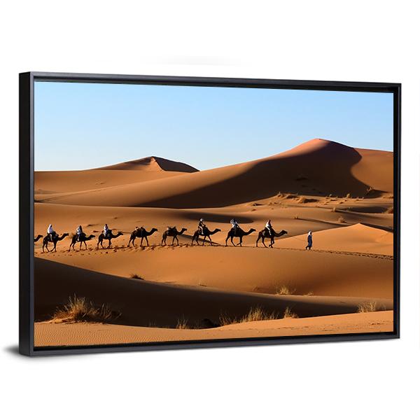 Camel Caravan In Sand Dunes Canvas Wall Art-3 Horizontal-Gallery Wrap-25" x 16"-Tiaracle
