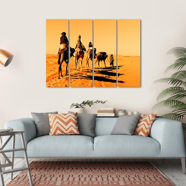 Camel Caravan Sahara Desert Canvas Wall Art-4 Horizontal-Gallery Wrap-34" x 24"-Tiaracle
