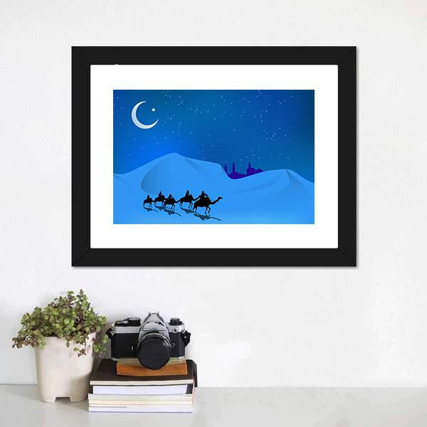 Camels In Dessert Illustration Canvas Wall Art-5 Horizontal-Gallery Wrap-22" x 12"-Tiaracle