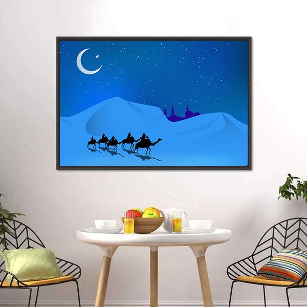 Camels In Dessert Illustration Canvas Wall Art-5 Horizontal-Gallery Wrap-22" x 12"-Tiaracle