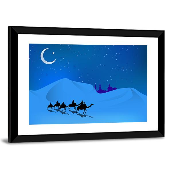Camels In Dessert Illustration Canvas Wall Art-1 Piece-Framed Print-30" x 20"-Tiaracle