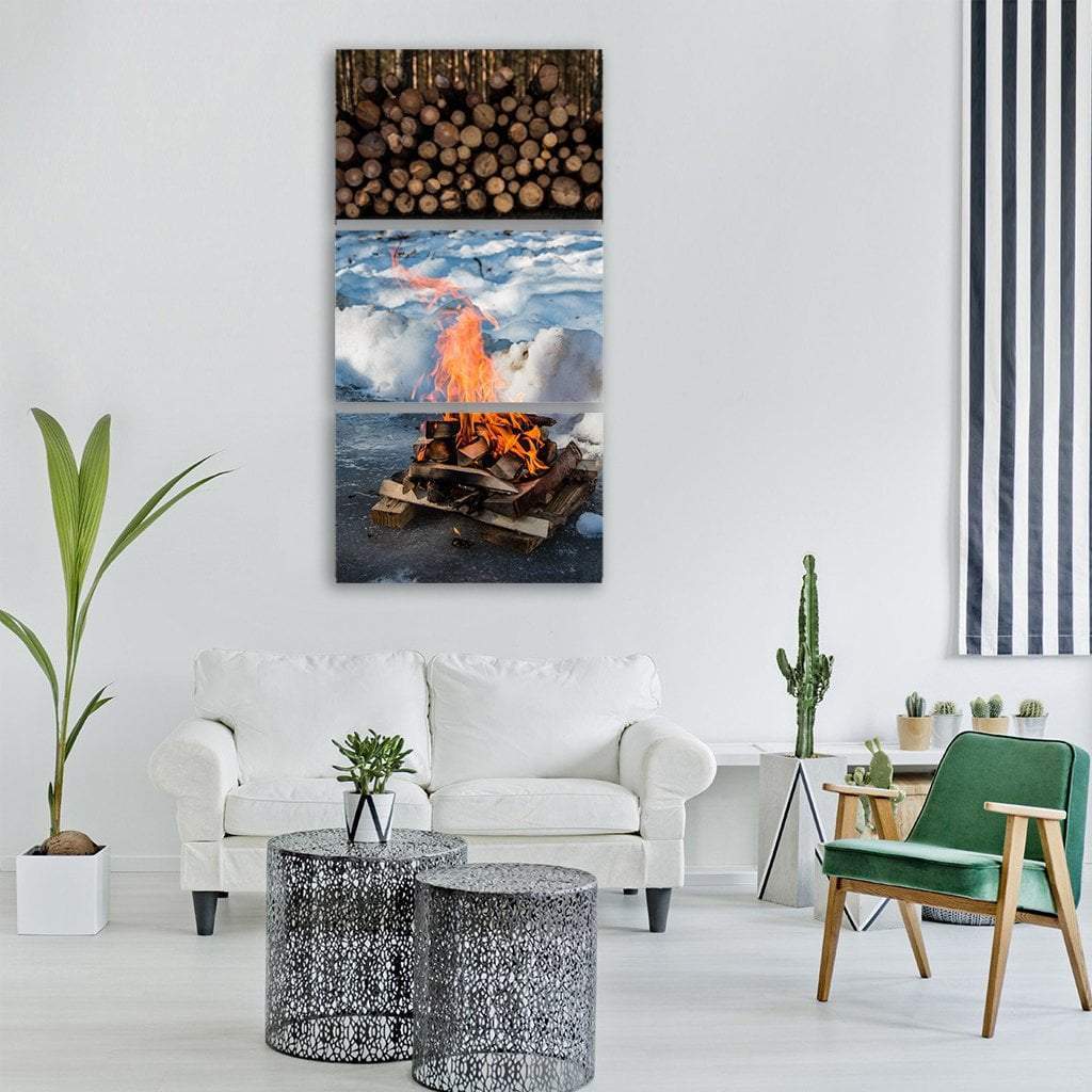 Camp Fire In Winter Vertical Canvas Wall Art-3 Vertical-Gallery Wrap-12" x 25"-Tiaracle