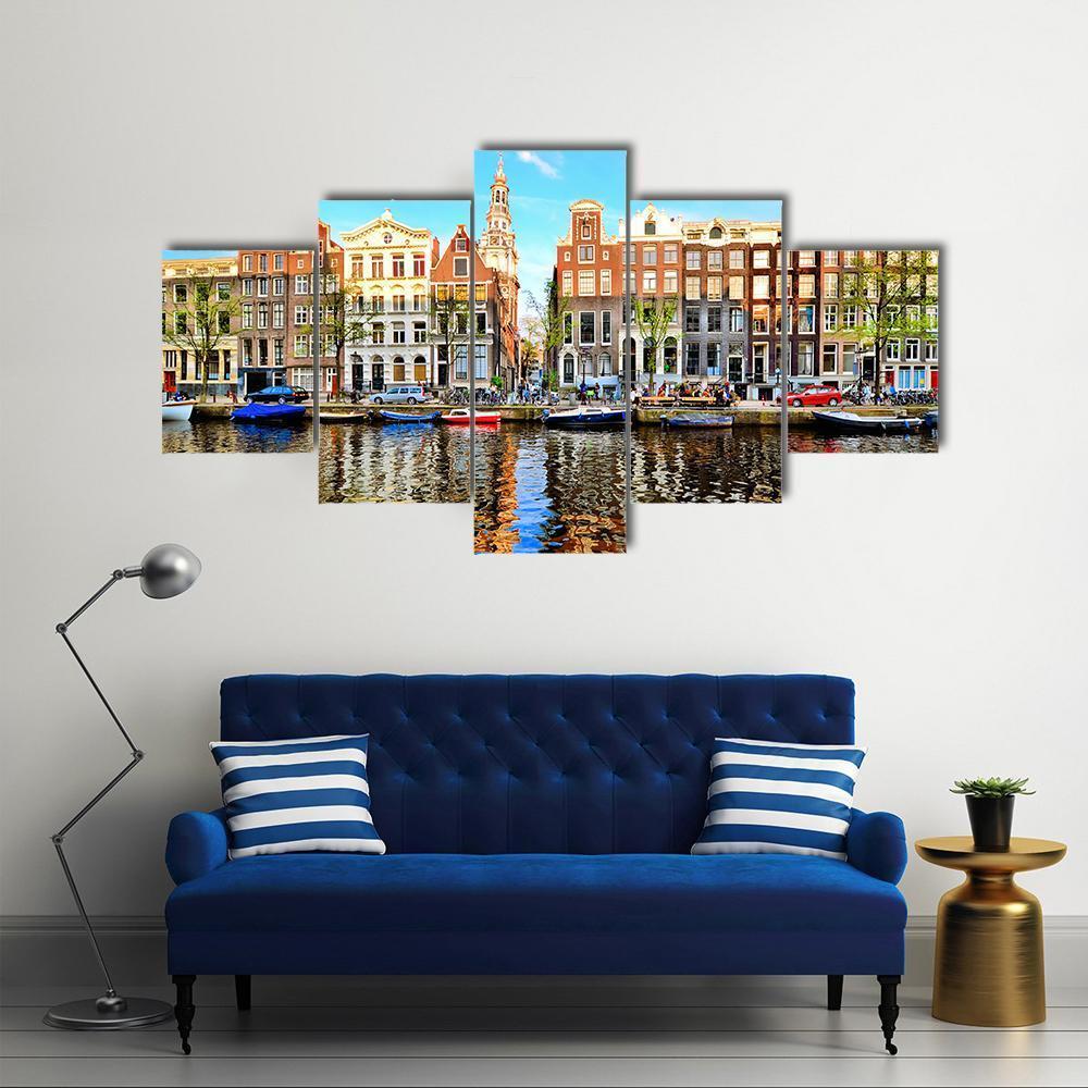 Canal Houses Of Amsterdam Canvas Wall Art-5 Star-Gallery Wrap-62" x 32"-Tiaracle