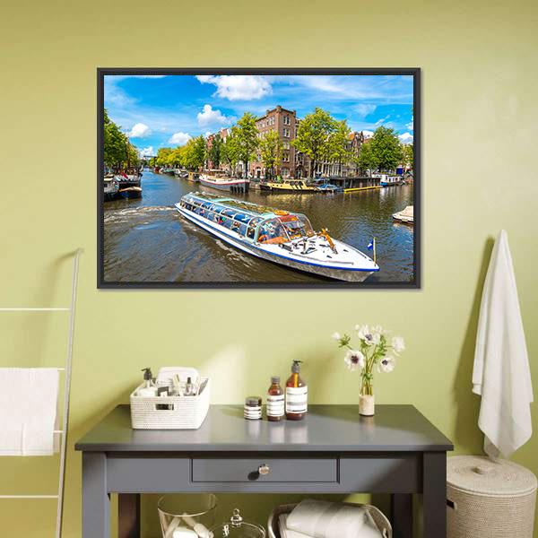 Canal In Amsterdam Canvas Wall Art-1 Piece-Floating Frame-36" x 24"-Tiaracle