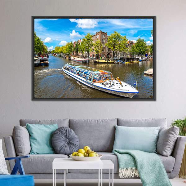 Canal In Amsterdam Canvas Wall Art-1 Piece-Floating Frame-24" x 16"-Tiaracle