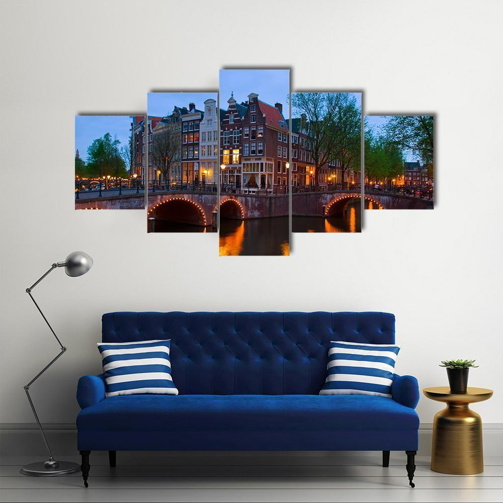 Canals Of Amsterdam Canvas Wall Art-5 Star-Gallery Wrap-62" x 32"-Tiaracle