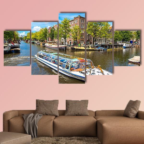 Canal In Amsterdam Canvas Wall Art-5 Star-Gallery Wrap-62" x 32"-Tiaracle