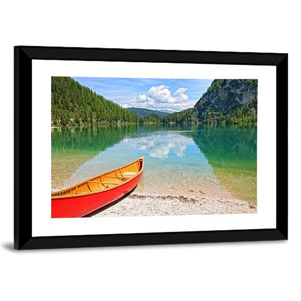 Canoe On Lake Braies Canvas Wall Art-3 Horizontal-Gallery Wrap-25" x 16"-Tiaracle