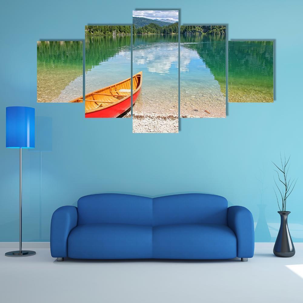 Canoe On Lake Braies Canvas Wall Art-5 Star-Gallery Wrap-62" x 32"-Tiaracle
