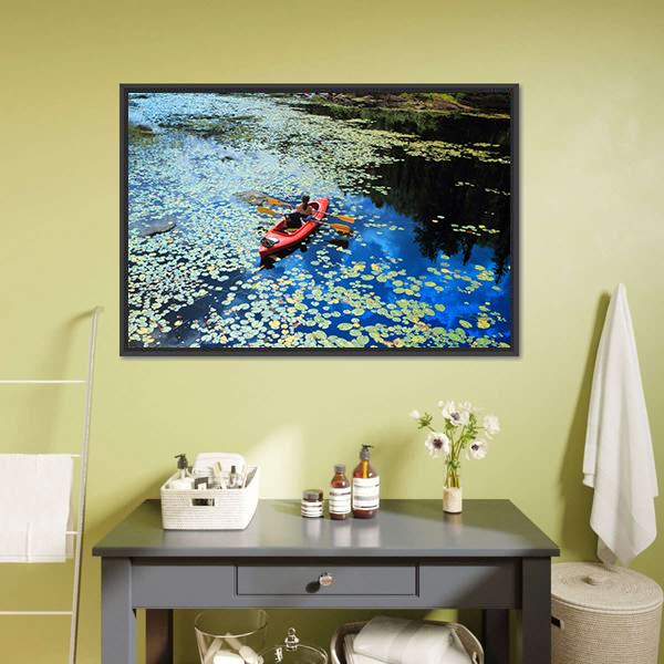 Canoeing In Water Lilies Panoramic Canvas Wall Art-1 Piece-36" x 12"-Tiaracle