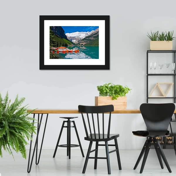 Canoes In Lake Louise Canvas Wall Art-5 Horizontal-Gallery Wrap-22" x 12"-Tiaracle