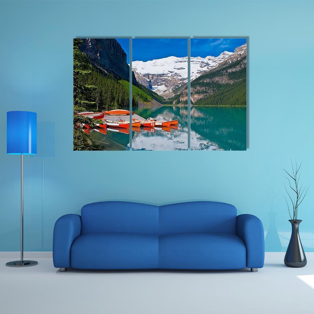 Canoes In Lake Louise Canvas Wall Art-3 Horizontal-Gallery Wrap-37" x 24"-Tiaracle
