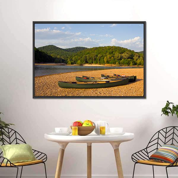 Canoes On The Bank Of The Buffalo River Canvas Wall Art-3 Horizontal-Gallery Wrap-25" x 16"-Tiaracle