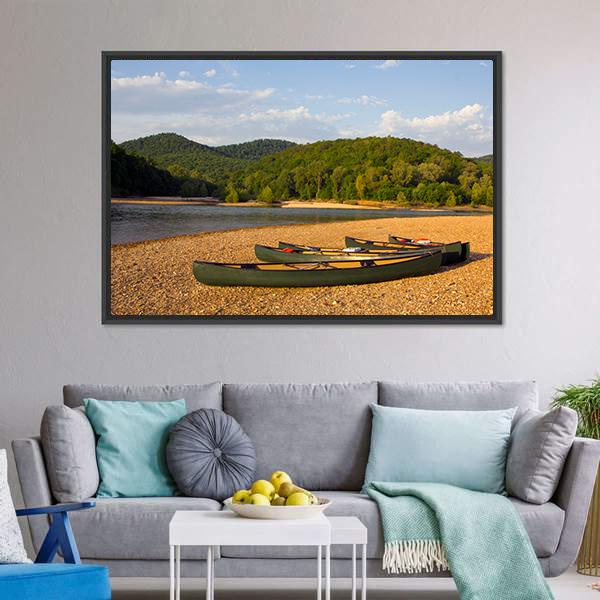 Canoes On The Bank Of The Buffalo River Canvas Wall Art-1 Piece-Floating Frame-24" x 16"-Tiaracle