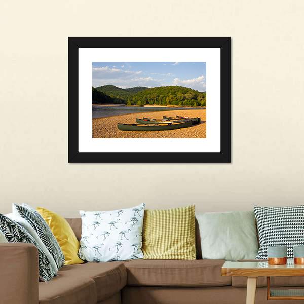 Canoes On The Bank Of The Buffalo River Canvas Wall Art-3 Horizontal-Gallery Wrap-25" x 16"-Tiaracle