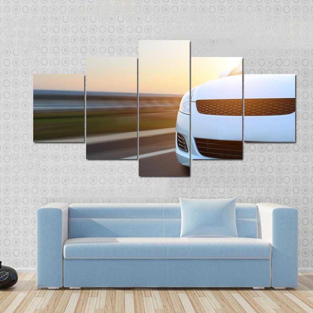 Car Speeding At Sunset Canvas Wall Art-5 Star-Gallery Wrap-62" x 32"-Tiaracle