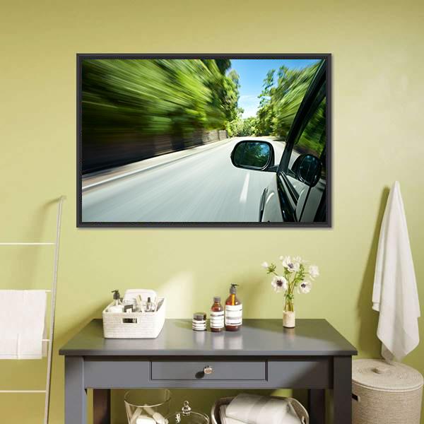 Car Speeding On Road Canvas Wall Art-3 Horizontal-Gallery Wrap-25" x 16"-Tiaracle
