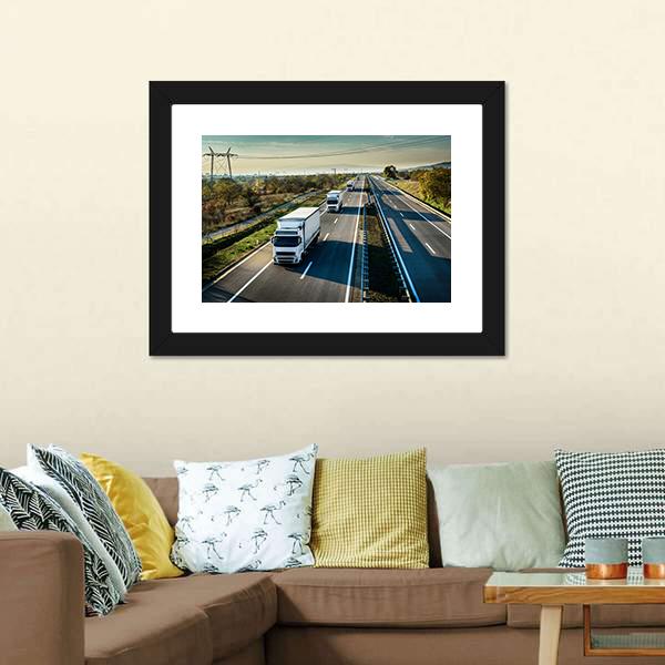 Caravan Of White Trucks Canvas Wall Art-3 Horizontal-Gallery Wrap-25" x 16"-Tiaracle