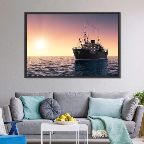 Cargo Ship At Evening Time Canvas Wall Art-1 Piece-Floating Frame-24" x 16"-Tiaracle