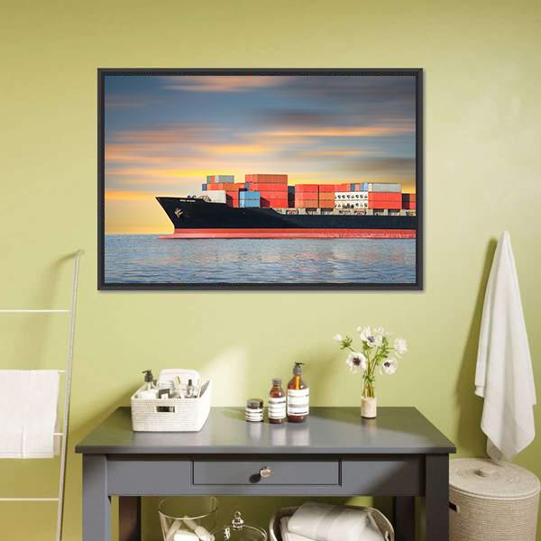 Cargo Ship In Sea Canvas Wall Art-3 Horizontal-Gallery Wrap-25" x 16"-Tiaracle
