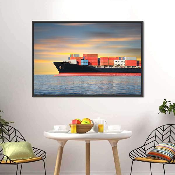 Cargo Ship In Sea Canvas Wall Art-3 Horizontal-Gallery Wrap-25" x 16"-Tiaracle