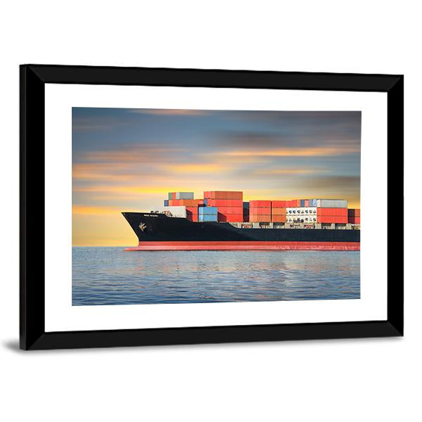 Cargo Ship In Sea Canvas Wall Art-3 Horizontal-Gallery Wrap-25" x 16"-Tiaracle