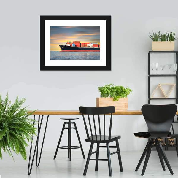 Cargo Ship In Sea Canvas Wall Art-3 Horizontal-Gallery Wrap-25" x 16"-Tiaracle