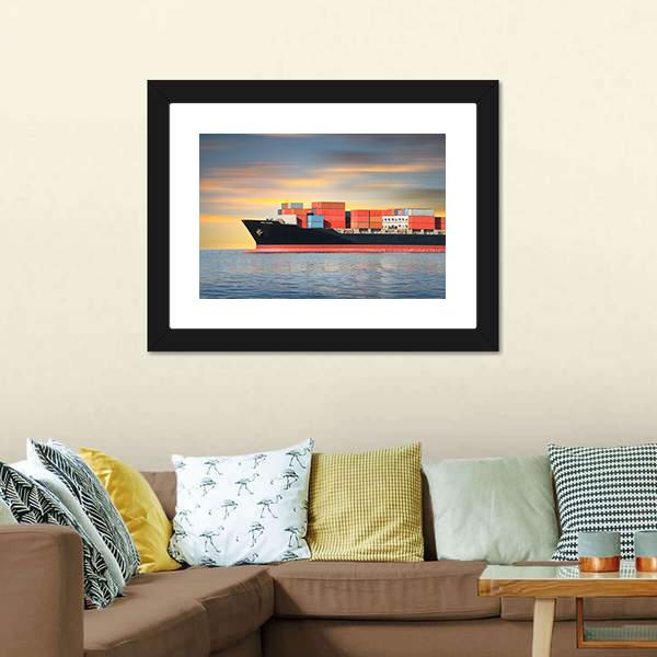 Cargo Ship In Sea Canvas Wall Art-3 Horizontal-Gallery Wrap-25" x 16"-Tiaracle