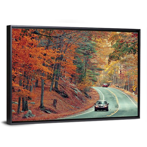 Cars On Autumn Road Canvas Wall Art-3 Horizontal-Gallery Wrap-25" x 16"-Tiaracle