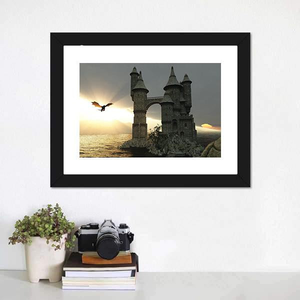 Castle & Flying Dragon Canvas Wall Art-1 Piece-Framed Print-30" x 20"-Tiaracle