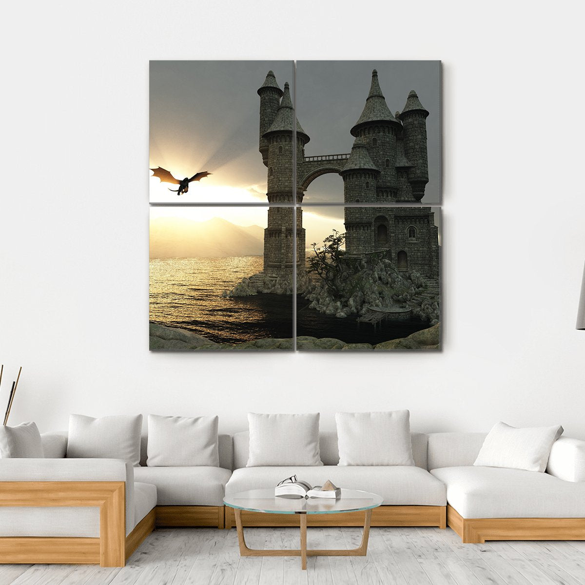 Castle & Flying Dragon Canvas Wall Art-4 Square-Gallery Wrap-17" x 17"-Tiaracle