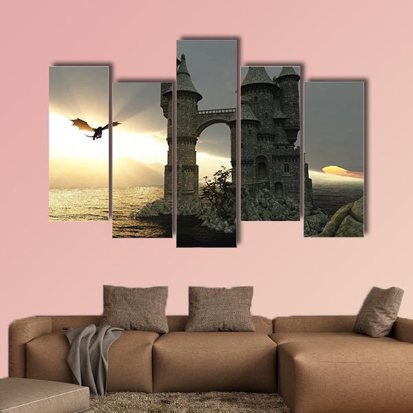 Castle & Flying Dragon Canvas Wall Art-5 Pop-Gallery Wrap-47" x 32"-Tiaracle