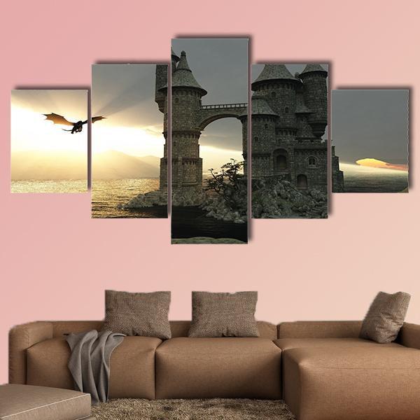 Castle & Flying Dragon Canvas Wall Art-5 Star-Gallery Wrap-62" x 32"-Tiaracle