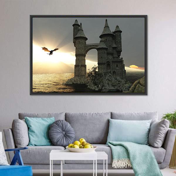 Castle & Flying Dragon Canvas Wall Art-3 Horizontal-Gallery Wrap-25" x 16"-Tiaracle