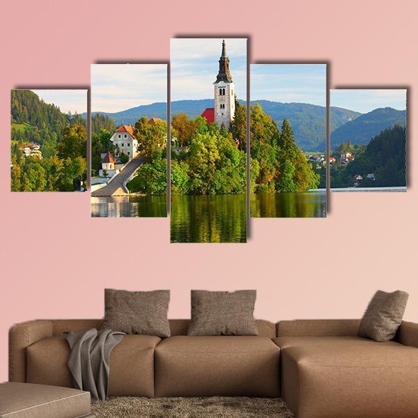 Church On Bled Lake Canvas Wall Art-5 Star-Gallery Wrap-62" x 32"-Tiaracle