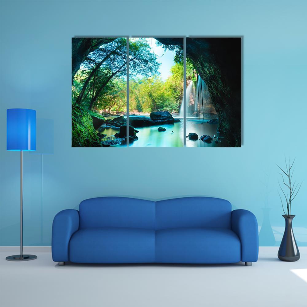 Cave & Waterfall Canvas Wall Art-3 Horizontal-Gallery Wrap-37" x 24"-Tiaracle