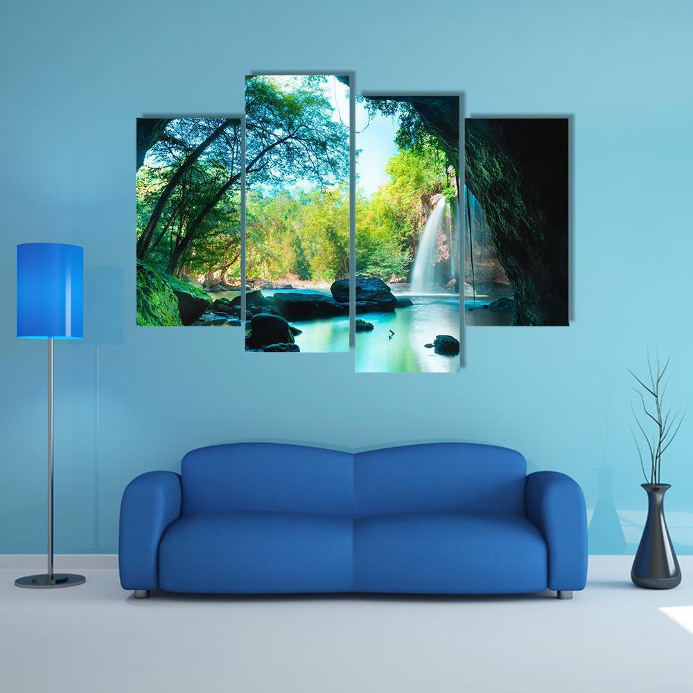 Cave & Waterfall Canvas Wall Art-4 Pop-Gallery Wrap-50" x 32"-Tiaracle