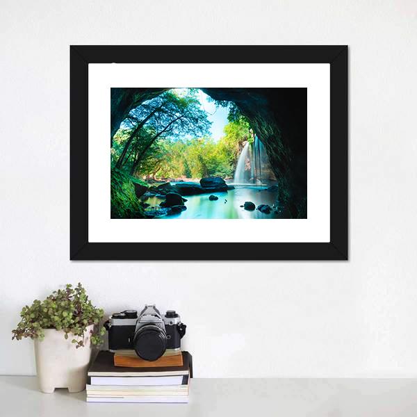 Cave & Waterfall Canvas Wall Art-1 Piece-Framed Print-20" x 16"-Tiaracle