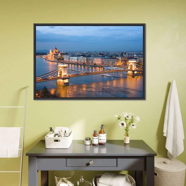 Chain Bridge On Danube River Canvas Wall Art-3 Horizontal-Gallery Wrap-25" x 16"-Tiaracle