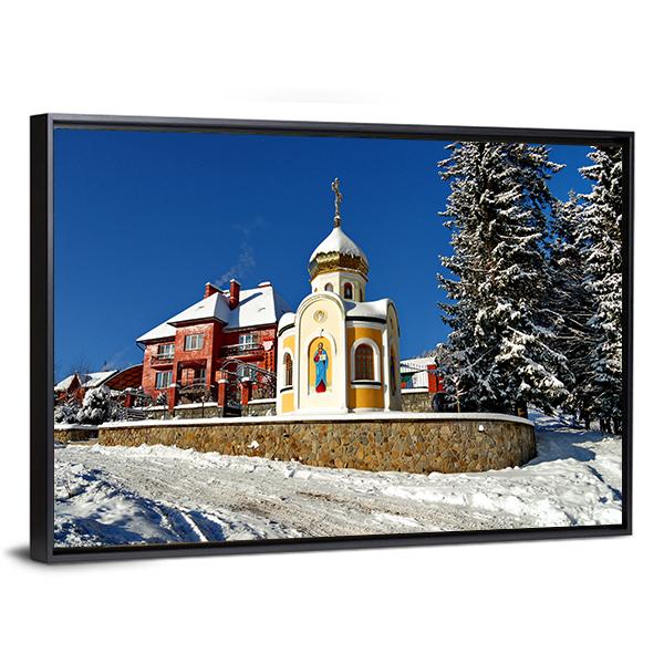 Chapel With The Face Of Saint On Wall And Dome Canvas Wall Art-5 Horizontal-Gallery Wrap-22" x 12"-Tiaracle