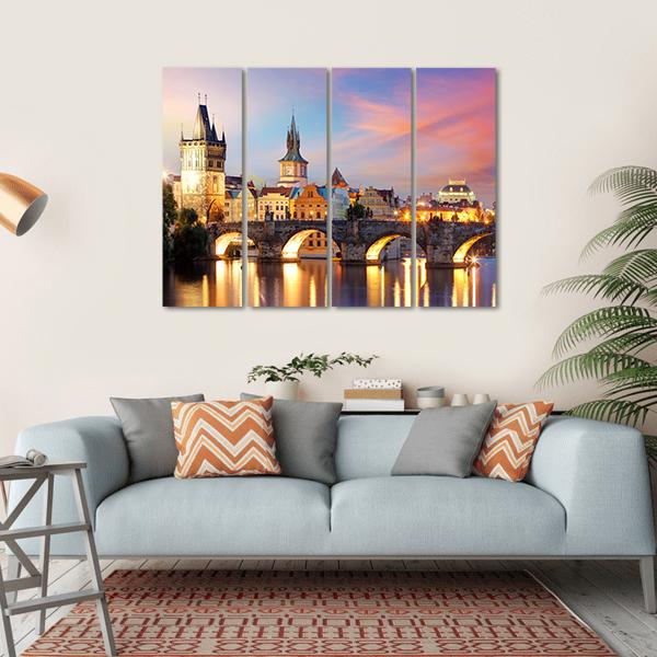 Charles Bridge At Night Canvas Wall Art-4 Horizontal-Gallery Wrap-34" x 24"-Tiaracle