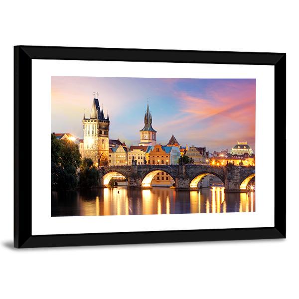 Charles Bridge At Night Canvas Wall Art-3 Horizontal-Gallery Wrap-25" x 16"-Tiaracle